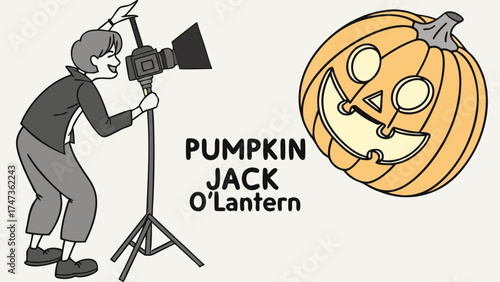 Photographer taking a picture of a carved pumpkin Halloween jack-o-lantern autumn fall spooky season illustration digital art graphic design holiday seasonal october thanksgiving fest.