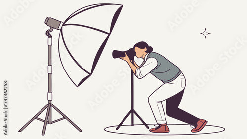 Photographer using professional lighting equipment in studio taking pictures photo shoot photography concept illustration.