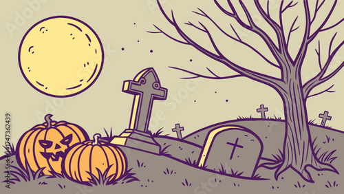 Spooky Halloween graveyard scene with pumpkins and full moon illustration.