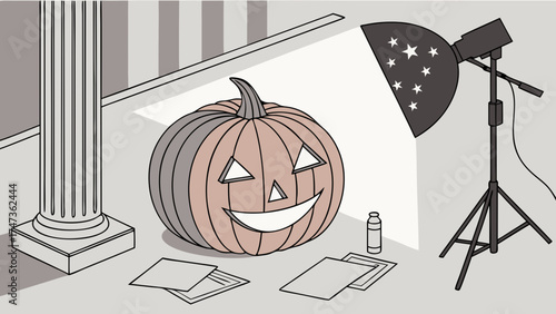 Spooky Jack-o-lantern in Studio Setup Autumn Halloween Festive Illustration Graphic Design Element.
