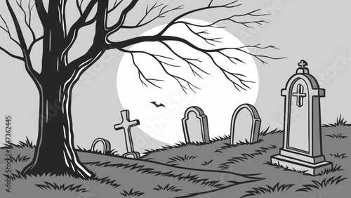 Spooky Graveyard Scene with Bare Tree Headstones and Full Moon at Night Halloween Illustration Cemetery Artwork.