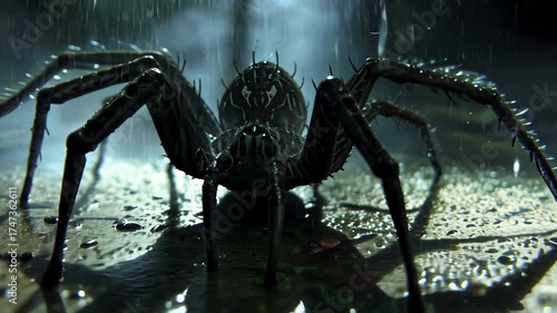 Giant black spider stands on a damp surface under dim light in a dark environment