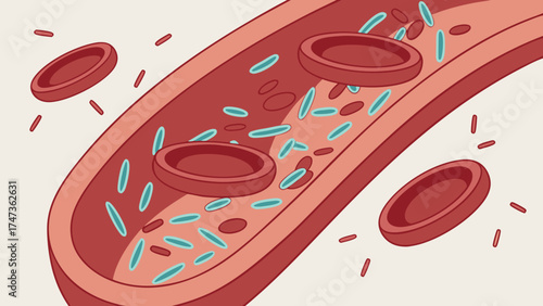 Stylized illustration of blood cells and bacteria in a blood vessel.