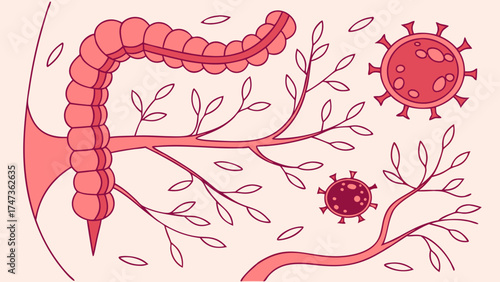 Stylized illustration of a virus and intestinal tract, medical concept, healthcare design.