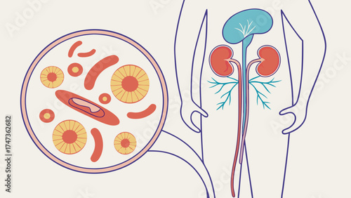 Stylized Illustration of Urinary System and Microscopic Cells.