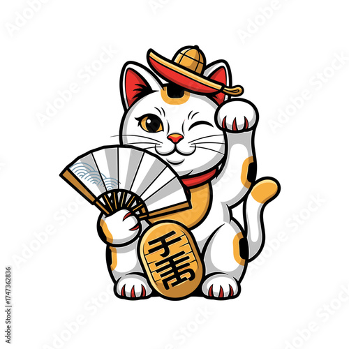Winking Maneki Neko with Fan Coin and Straw Hat Graphic Illustration
