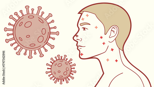 Virus Infection Medical Illustration of Virus and Person with Rash.