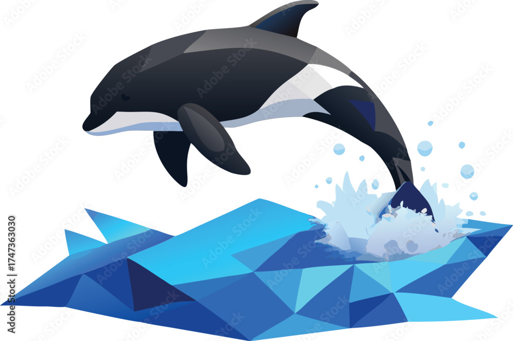 Fototapeta premium An orca dolphin leaps gracefully out of the water, creating a splash against a clear blue sky. 
