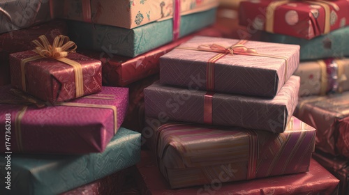 Cozy Stack of Varied Wrapped Presents with Ribbons, Bathed in Soft, Warm Light.
