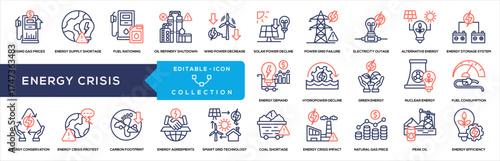 Crisis Energy Line Color Icon Collection. Containing Rising Gas, Energy Supply, Fuel Rationing, Oil Shutdown, Wind Power, Solar Decline, Power Grid