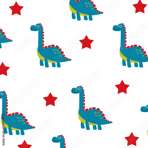 blue brontosaurus dinosaur vector cartoon seamless pattern fullprint fabric design for kids apparel