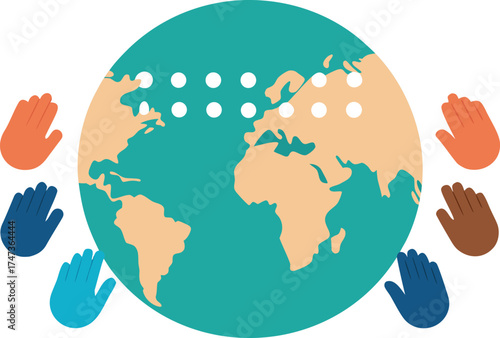 Diverse hands surround a globe, illustrating a message of unity and shared responsibility for the world.