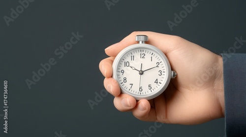 Close Up of Hand Holding Silver Stopwatch Against Gray Background Measuring Time Passing with Mechanical Precision and Showing Urgency
