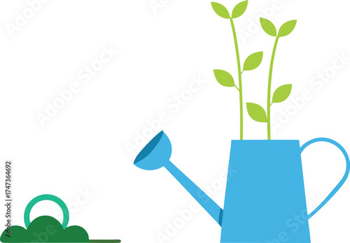 A colorful watering can is placed next to a thriving green plant, showcasing gardening essentials.
