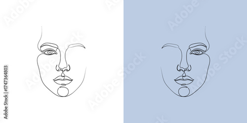 Abstract line art depicting a stylized female face with minimalistic features on contrasting backgrounds