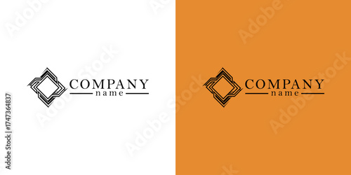 Dual-colored logo design featuring geometric shapes and stylized text on contrasting backgrounds