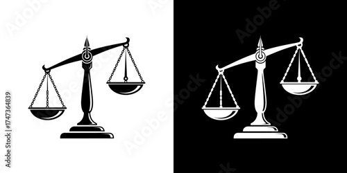 Black and white illustration of a balanced scale symbolizing justice, set against contrasting backgrounds