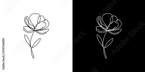 Elegant black and white floral illustration featuring a delicate flower with leaves, ideal for design