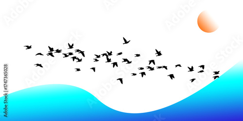 Flock of birds flying over a serene ocean wave at sunset, creating a tranquil and picturesque scene