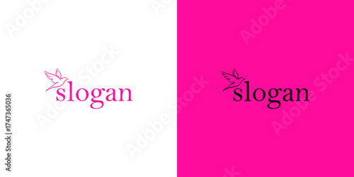 Logo design featuring a bird silhouette with the word 'slogan' in pink and black on contrasting backgrounds