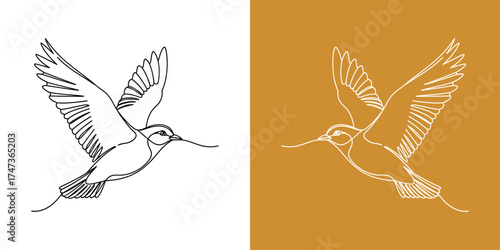 Stylized illustration of a bird in flight, showcasing intricate line work against contrasting backgrounds