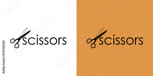 Two contrasting logo designs featuring scissors, one on white and the other on orange background