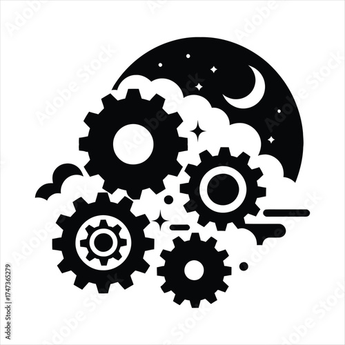 Gears turning with steam clouds vector silhouette  outline logo design concept illustration