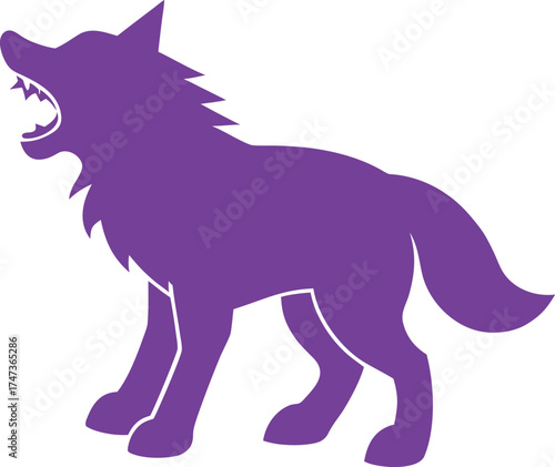 A purple wolf stands upright on its hind legs, showcasing its vibrant fur and alert posture in a natural setting.