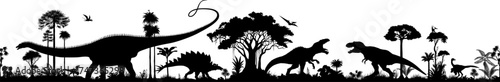 Vector seamless silhouette panorama with brontosaurus, stegosaurus, giganotosaurus, t-rex, pyroraptor, gallimimus and pterosaurus in jungle