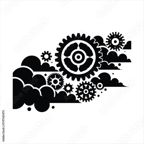 Gears turning with steam clouds vector silhouette  outline logo design concept illustration