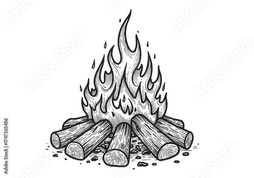 Hand drawn camping bonfire. Vector illustration of fire in sketch engraving style.