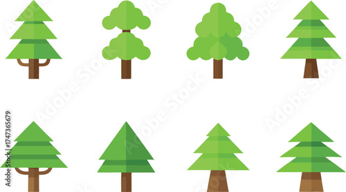 A diverse set of flat trees, varying in size and shape, arranged to highlight their unique characteristics and forms.