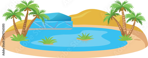 A vibrant cartoon illustration of palm trees surrounding a refreshing pool, evoking a tropical paradise.