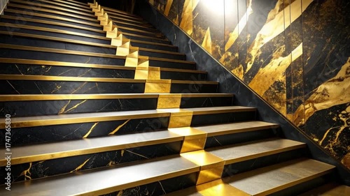 Cinematic macro shot of glowing gold light reflecting dramatically off textured black and yellow urban stairs.