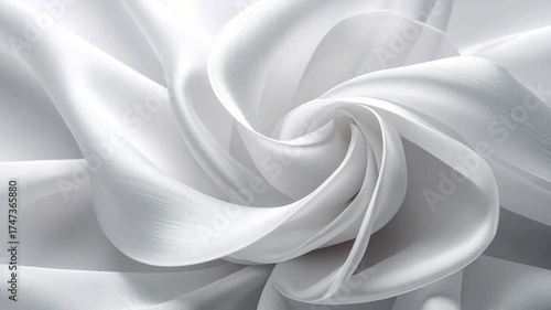 Abstract macro close-up of soft white satin fabric texture creating elegant swirling folds in studio lighting.