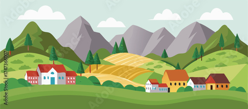 Cartoon illustration of a serene rural landscape with rolling hills, a farmhouse, and a clear blue sky.
