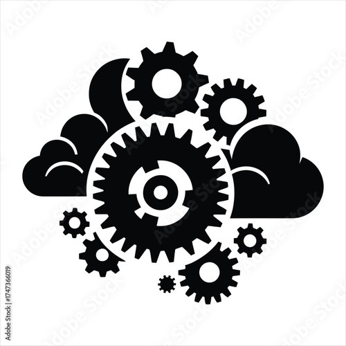 Gears turning with steam clouds vector silhouette  outline logo design concept illustration