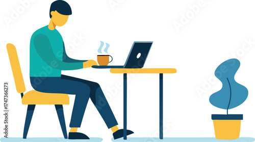 Man focused on a laptop at a desk, with a green plant adding a touch of nature to the workspace.