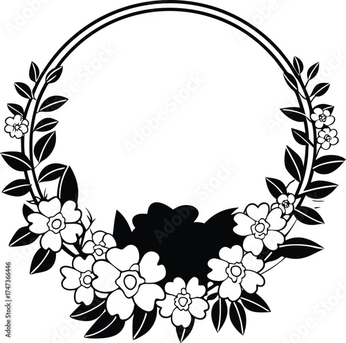 A black and white floral wreath featuring various flowers arranged in a circular design.
