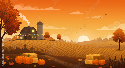Thanksgiving Farm Landscape with Pumpkins and Sunset Sky – Autumn Harvest Background illustration