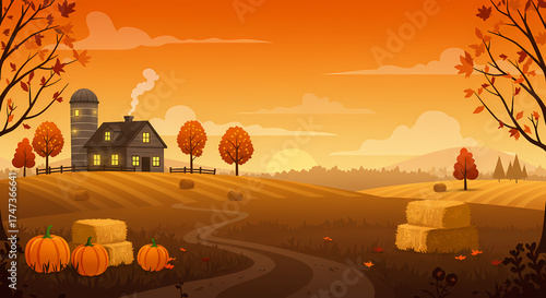 Thanksgiving Farm Landscape with Pumpkins and Sunset Sky – Autumn Harvest Background illustration