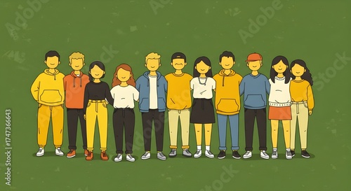 Colorful cartoon of diverse Gen Z friends smiling together, showing unity, youth culture, and modern lifestyle in a fun and positive vibe.