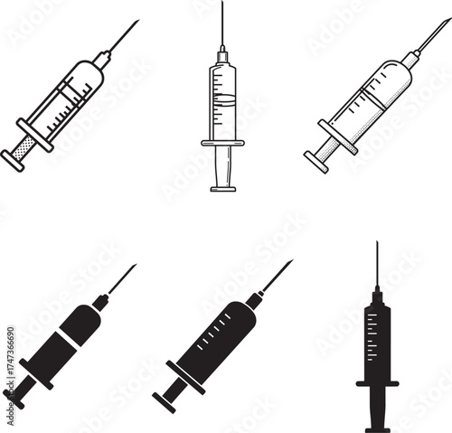 Collection of six hand drawn and silhouette medical injection syringes in various styles and orientations