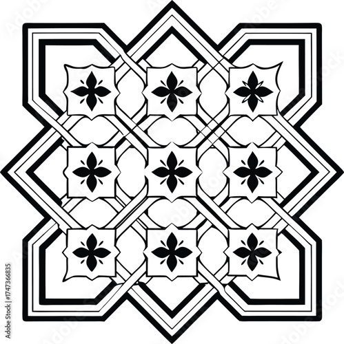 Black and white design featuring a repeating star pattern across the entire image.
