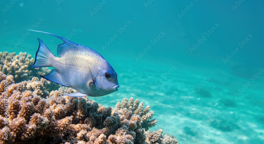 Obraz premium Aquatic Symphony: A solitary fish gracefully glides through crystal-clear waters, its form harmonizing with vibrant coral formations and the boundless expanse of the deep sea.