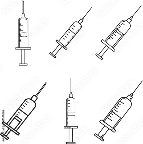 Collection of six hand drawn medical syringes in various orientations and styles sketched on white background