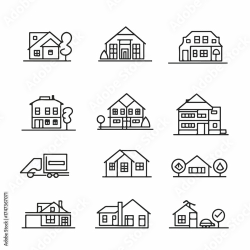 Collection of linear icons representing various residential and commercial buildings, including houses, apartments, and a moving truck, ideal for real estate and architectural design