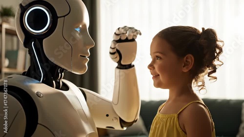 Young girl interacts with a humanoid robot in a domestic setting, showcasing future technology and human-robot connection.