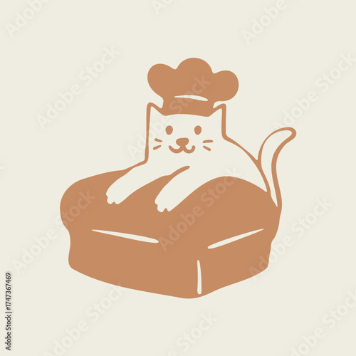 Cute illustration of cat baker wear chef hat hug big loaf of bread, cartoon fun doodle style design for bakery product and store
