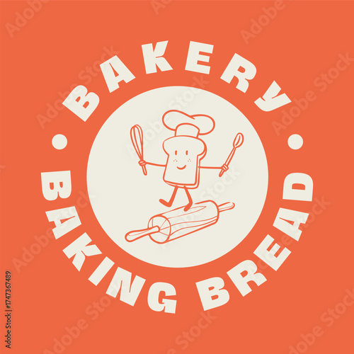 Bakery white bread baker logo with concept illustration of bread walking balancing above rolling pin wood and wear chef hat while holding wooden spoon and metal wisk baking utensils